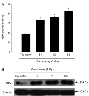 Fig. 4 Effect of S1, S2 and S3 on GSH level in gamma-ray irradiated mice. The intracellular GSH content was measured in liver tissue lysates using a colorimetric assay kit