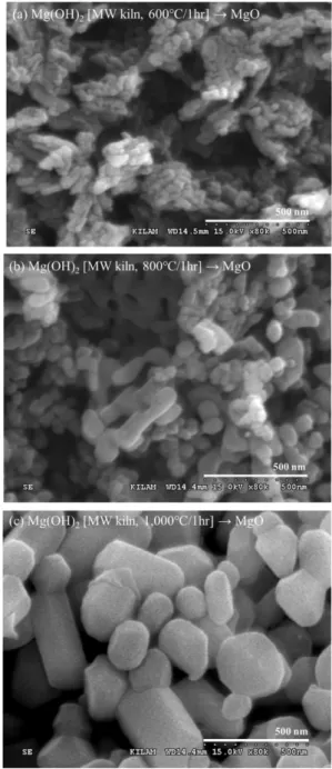 Fig. 10 의 SEM images 분석 결과, (a)는 불규칙한 판형 형태, (b)는 MgO 의 소결 입자에 가까운 구형 형태로 불규칙하게 형성되었으며, (c) 는 MgO의 소결성 입자로 분석 되었다