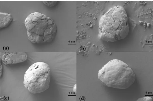 Fig. 2. SEM images of pitch coated graphite: 9000 RPM, 2 h, SP 150 o C, (a) natural graphite, (b) 10 wt%, (c) 20 wt%.