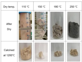 Fig. 1. Photographs of dried and calcined catalyst samples prepared with washing.