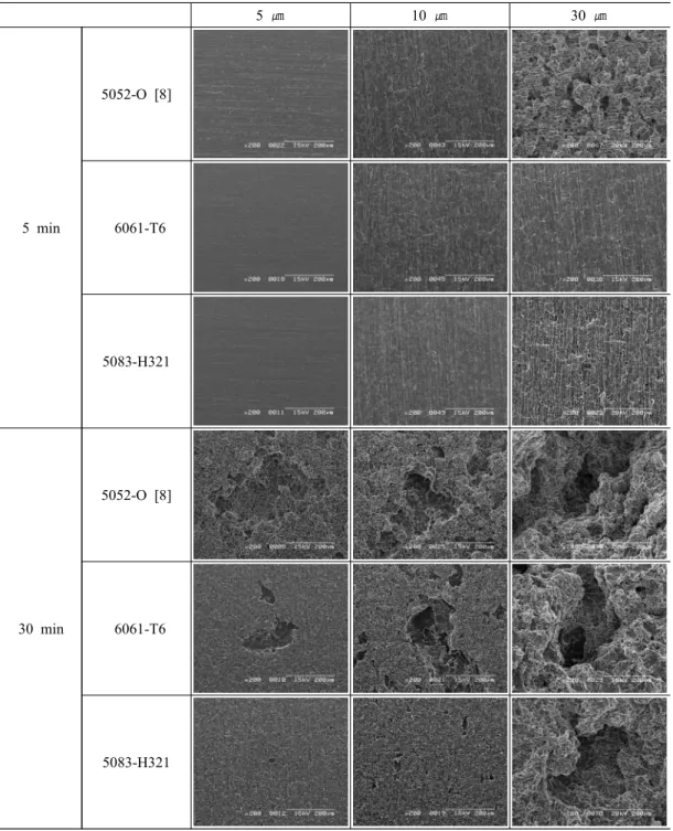 Fig.  4  Surface  morphologies  after  cavitation-erosion  experiment  at  amplitude  of  5  ㎛,  10  ㎛,  30  ㎛ for  Al  alloys  in  sea  water.