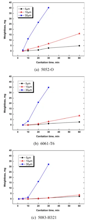 Fig.  6  Weight  loss  and  surface  damage  depth  after  cavitation-erosion  experiment  at  amplitude  of  5  ㎛,  10  ㎛,  30