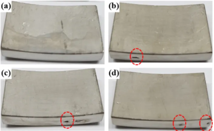 Fig. 8  Macro-observation  of  (a,  b)  PP  2  and  (c,  d)  PP  3  after immersion  test  in  a  6%  FeCl 3   solution  for  72  hours:  tested  at (a,  c)  45  ° C  and  (b,  d)  50  ° C.