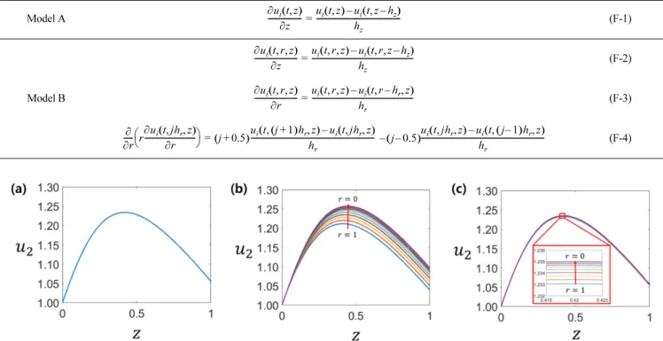 Fig. 2. u 2  corresponding to z when using (a) model A, (b) model B with D T = 2, D C = 0.02, and (c) model B with D T = 50, D C = 0.5  when  v c /v is fixed to 0.2992