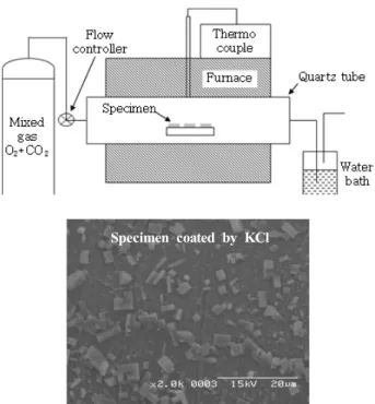 Fig. 1 Schematic  diagram  of  high-temperature  oxidation  apparatus  and  2.25Cr-1Mo  specimen  coated  by  KCl.
