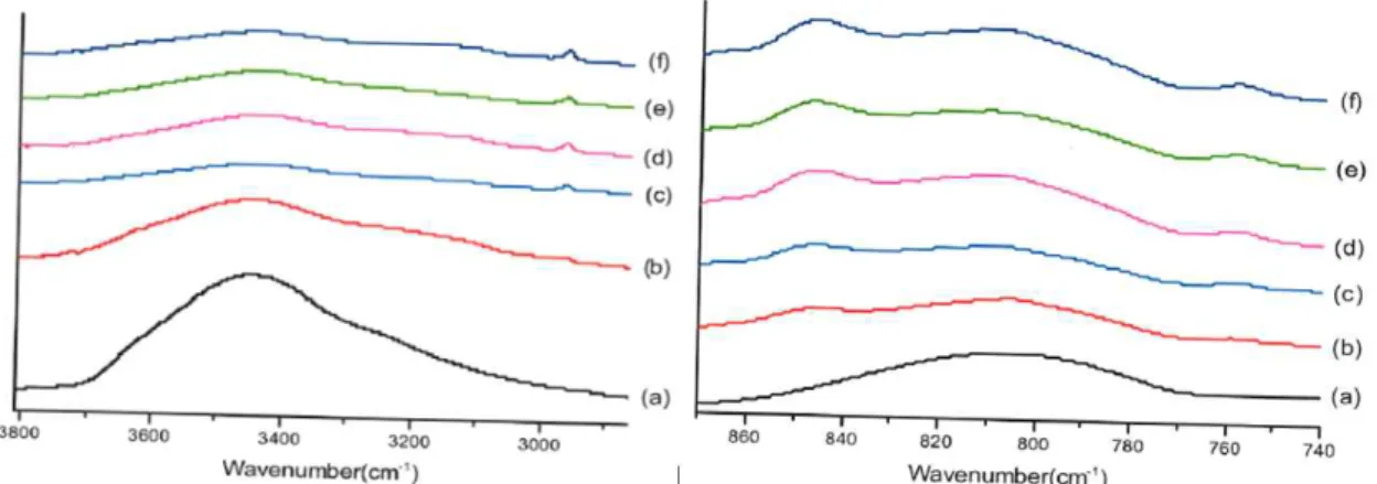 Fig.  6  FT-IR  spectrum  according  to  the  amount  of  HMDZ.  (a)  NS,  (b)  H10,  (c)  H30,  (d)  H50,  (e)  H70,  and  (f)  H80 Table  3  Elemental  analysis  of  unmodified  and  modified  fumed  silica