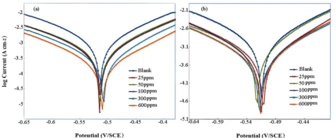 Table  1  Corrosion  parameters  for  the  mild  steel  at  different  concentrations  of  the  inhibitors  in  1M  HCl  solution  in  temperature  of  303.3ᵒK  bypotentiodynamic  polarization  method