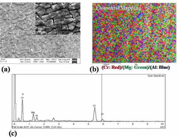 Fig.  1b  shows  the  SEM-EDS  spectrum  of  the  anodic  coating  indicating  presence  of  Mg,  Cr,  Al  and  O