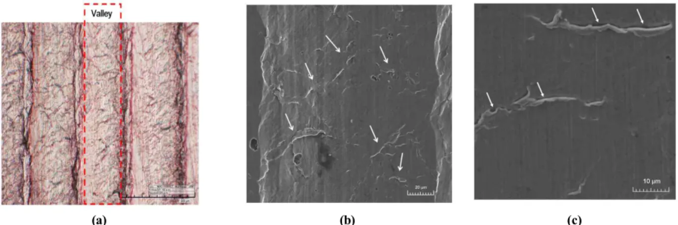 Fig.  11  Optical  micrograph  and  SEM  image  on  the  valley  area  of  Fig.  9(c);  (a)  OM  (x600),  (b)  SEM  (x1200),  (c)  SEM  (x3000).