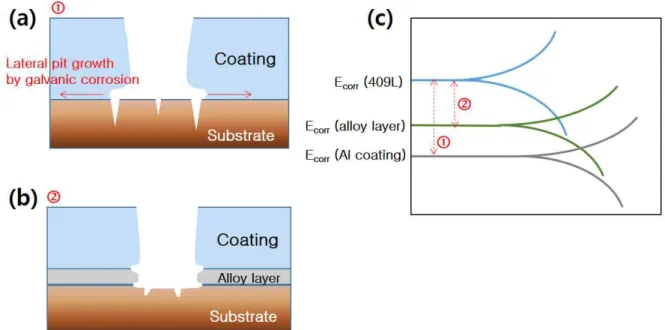 Fig.  5  Schematic  of  the  growth  of  the  pitting  corrosion:  (a)  Al  coating  on  a  409L  stainless  steel  substrate  without  an  alloy  layer,  (b)  Al  coating  on  a  409L  stainless  steel  substrate  with  an  alloy  layer,  and  (c)  polari