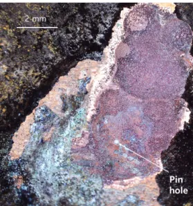 Fig.  5  Corrosion  pit  found  in  region  3:  (a)  optical  microscopic  picture  before  the  cap  was  removed;  (b)  optical  microscope  and  (c)  SEM  pictures  after  the  cap  was  removed.