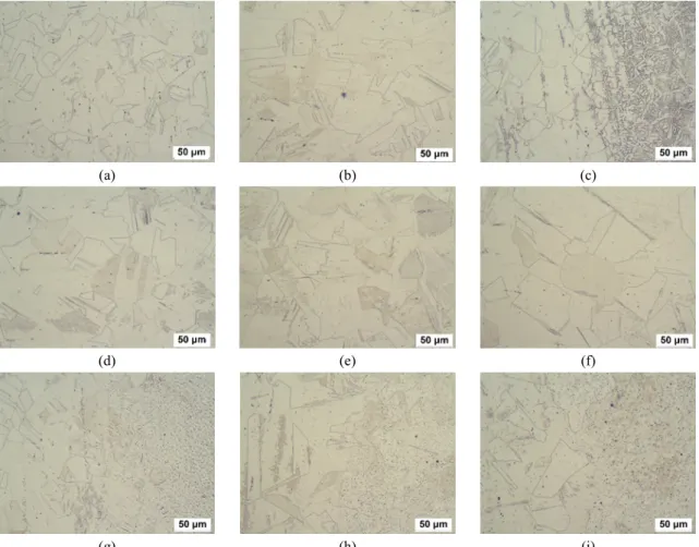 Fig.  1  Effect  of  manufacturing  process  and  annealing  on  the  microstructure  of  304L  stainless  steel  pipe;  (a)  SP8,  (b)  SAW8B,  (c)  SAW8W,  (d)  SAW8B-1010,  (e)  SAW8B-1060,  (f)  SAW8B-1110,  (g)  SAW8W-1010,  (h)  SAW8W-1060,  (i)  SAW