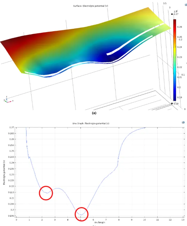 Fig.  8  Electrolytic  potential  distribution  on  a  plane  of  incidence;  (a)  2D  plot,  (b)  1D  plot.