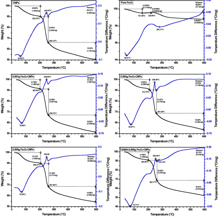 Fig. 4. TGA curves of CNPs, Pure Fe 3 O 4 , Fe 3 O 4 -CNPs with different amount of Fe 3 O 4 , GABA-0.005 g Fe 3 O 4 -CNPs.