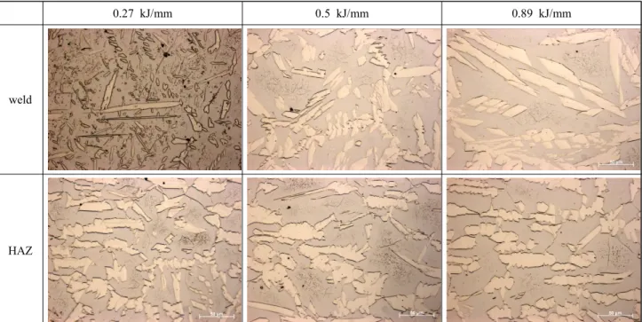 Fig.  1  The  microstructure  of  the  TIG  welds  and  the  HAZ  metal  made  with  argon  shielding  gas  at  different  heat  input.