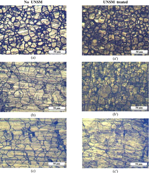 Fig.  6.  Corroded  surface  appearance  of  316L  stainless  steel  tested  by  ASTM  A262  practice  C;  (a,  a')  after  five  48  h  test  periods  of  0  h-aged  specimen,  (b,  b')  after  five  9  h  test  periods  of  1  h-aged  specimen,  and  (c,