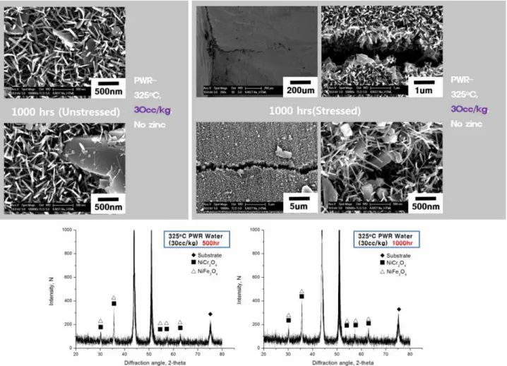 Fig.  6.  SEM  images  and  XRD  analysis  on  oxide  surface  of  Alloy  182  in  PWR  water  (DH  :  30  cc/kg).