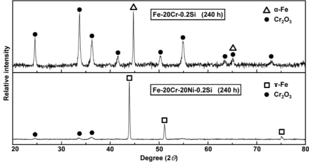 Fig.  6.  XRD  patterns  of  Fe-20Cr-0.2Si  and  Fe-20Cr-20Ni-0.2Si  after  reaction  for  240  h.