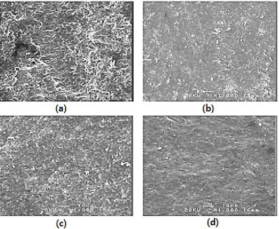 Fig.  9.  Eroded  surfaces  of  four  specimens  tested  at  impingement  angle  of  30°:  uncoated  (a),  boride  coated  (b),  Cr-carbide  coated  (c)  and  V-boride  coated  (d)  specimens.