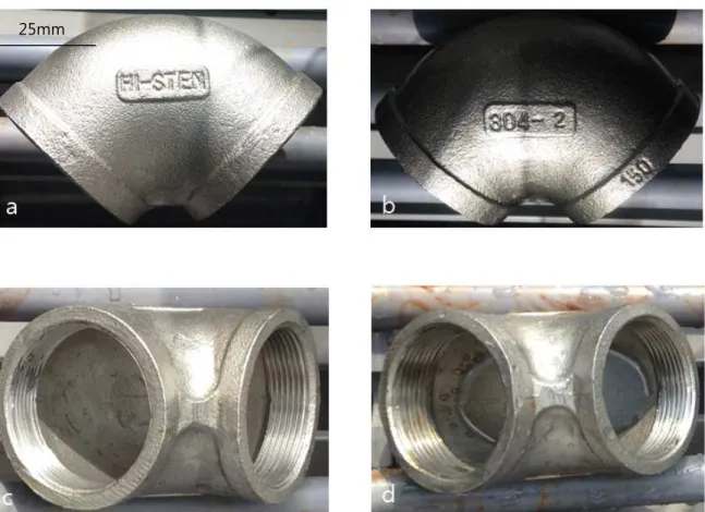 Fig.  6.  Result  of  2-hr  salt  spray  test  of  (a)  and  (c)  heat  treated  specimen  and  (b)  and  (d)  non-heat  treated  specimen