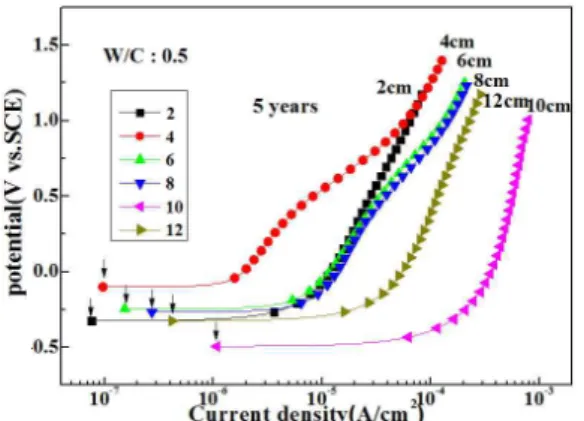 Fig.  7.  Variation  of  anodic  curves  with  various  coating  thickness  after  5-yr