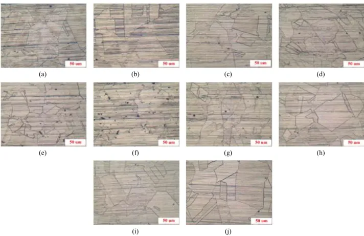 Fig.  4.  Optical  micrographs  on  the  surface  after  ASTM  A262  Practice  A  test  of  SA312  TP316  stainless  steel  (Magnification  :  x200)  ;  (a)  I1,  (b)  CU1,  (c)  E1,  (d)  I3,  (e)  CU3,  (f)  E3,  (g)  I4,  (h)  CU4,  (i)  E4,  (j)  Base 