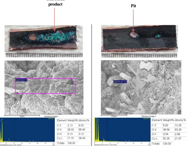 Fig.  7.  Green  copper-corrosion  product  with  pits  and  FE-SEM  micrographs  as  well  as  EDS  images  in  two  different  locations.