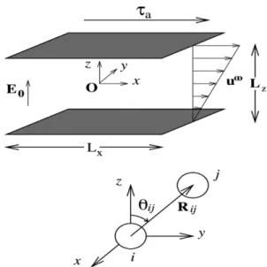 Fig. 1. Schematic diagrams showing the geometries of the sheared suspensions and sphere pairs
