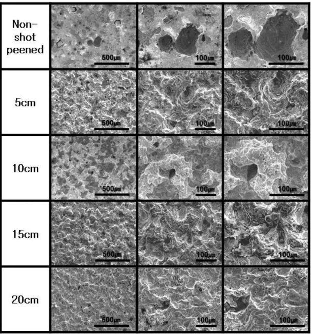 Fig.  6.  Surface  morphologies  after  potentiostatic  experiment  in  sea  water  after  shot  peening  with  stand-off  distance  for  ALBC3  alloy