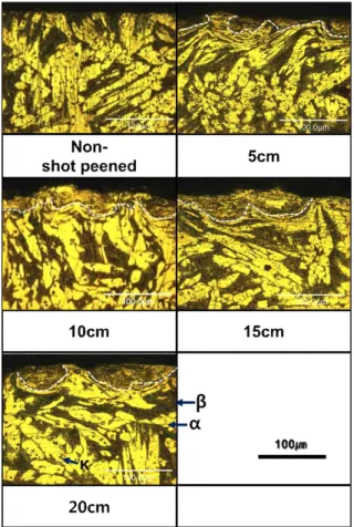 Fig.  3.    Surface  micrographs  with  stand-off  distance  after  cav- cav-itation  experiment  in  sea  water  for  shot  peened  ALBC3  alloy.