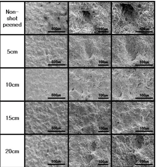 Fig.  4.  Surface  morphologies  with  stand-off  distance  after  cavitation  experiments  in  sea  water  during  10Hrs  for  shot  peened  ALBC3  alloy