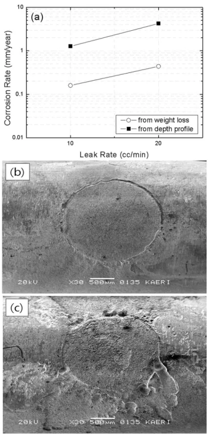 Fig.  4.  (a)  Corrosion  rates  measured  from  weight  loss  and  surface  depth  profile,  and  SEM  photographs  of  the  surface  of  the  low  alloy  steel  at  initial  region(just  beyond  the  injection  nozzle)  after  the  mockup  test  for  1  
