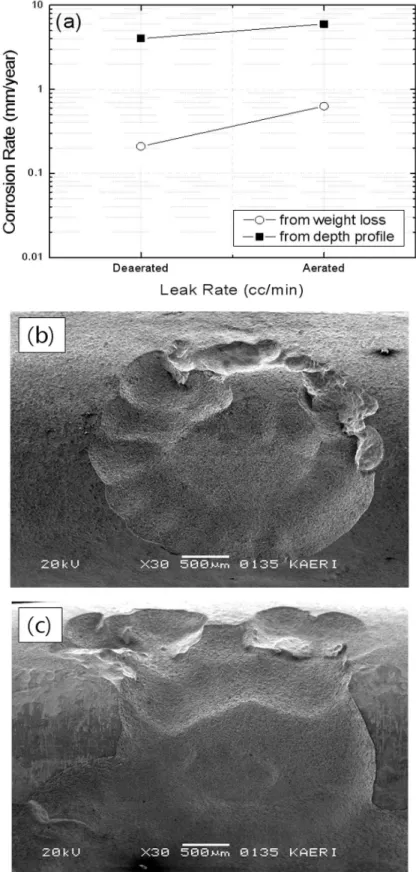 Fig.  5.  (a)  Corrosion  rates  measured  from  weight  loss  and  surface  depth  profile,  and  SEM  photographs  of  the  surface  of  the  low  alloy  steel  at  initial  region(just  beyond  the  injection  nozzle)  after  the  mockup  test  for  1  
