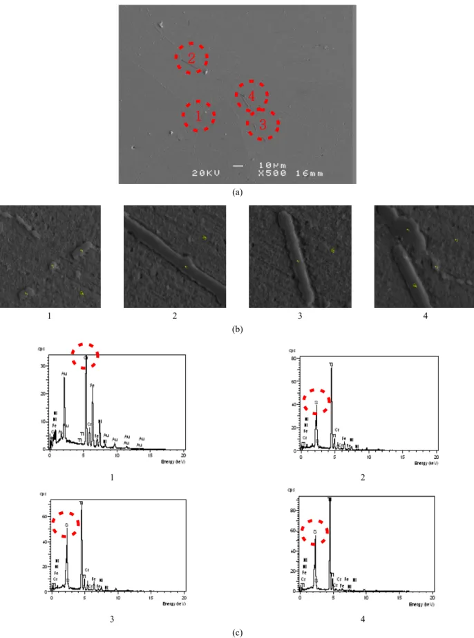 Fig. 9. Appearance of precipitates and its chemical composition of stabilized alloy A (980℃) after annealing(1120℃); (a) SEM  image, (b) SEM images of the area analyzed by EDS, (c) EDS spectra.