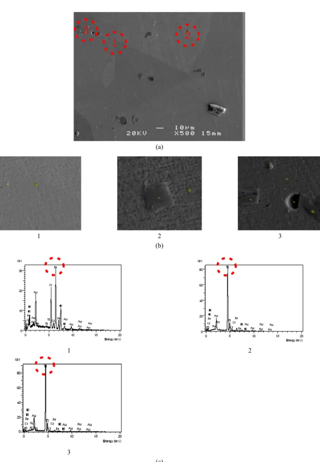 Fig. 10. Appearance of precipitates and its chemical composition in stabilized alloy B(980℃) after annealing(1120℃); (a) SEM  images, (b) SEM images of the area analyzed by EDS, (c) EDS spectra.