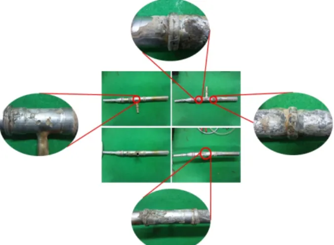 Fig. 1. Corroded and failed pipes of stainless steel buried in  soil at G area. 2.  연구방법 2.1  토양  시료  분석 2.1.1  현장  분석     국내 G지역의 매설배관에 대한 토양 데이터 확보 및 부식 성 파악을 위해 현장 조사 및 현장 주변 환경 조사를 수행  하였다