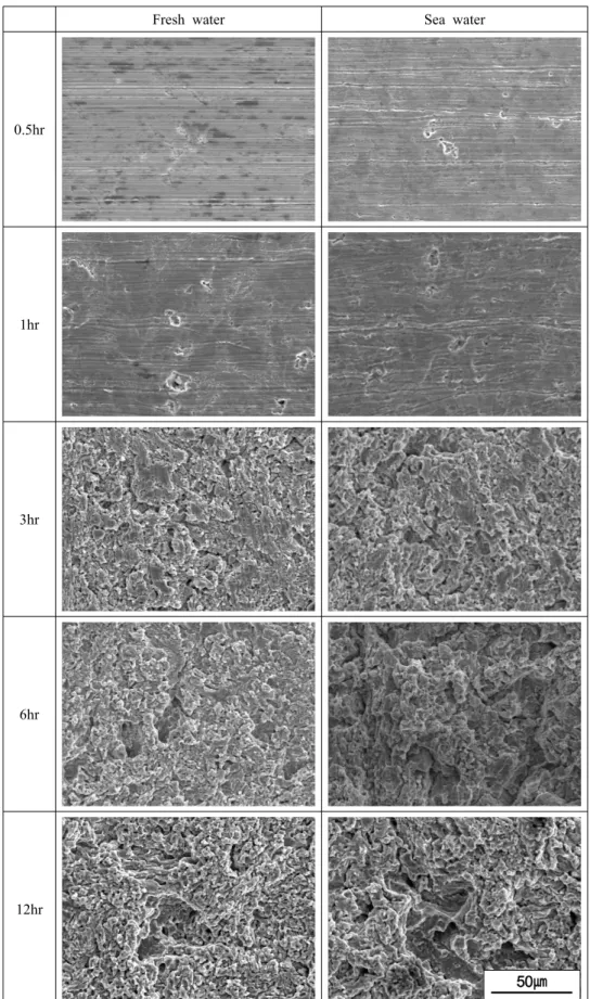 Fig. 4. SEM analysis of Cu-Al alloy with after cavitation experiment time.