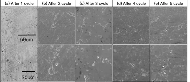 Fig. 8. Surface morphology with cycle variation of STS 431.