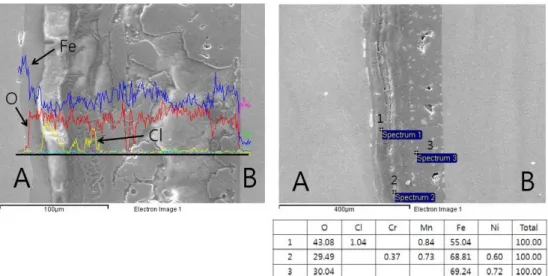 Fig. 9. SEM images and EDS analysis data of Inconel 600 tube tested in a 35,000 ppm NaCl + 0.2 M CuCl 2  + 4 g/L NiB  solution