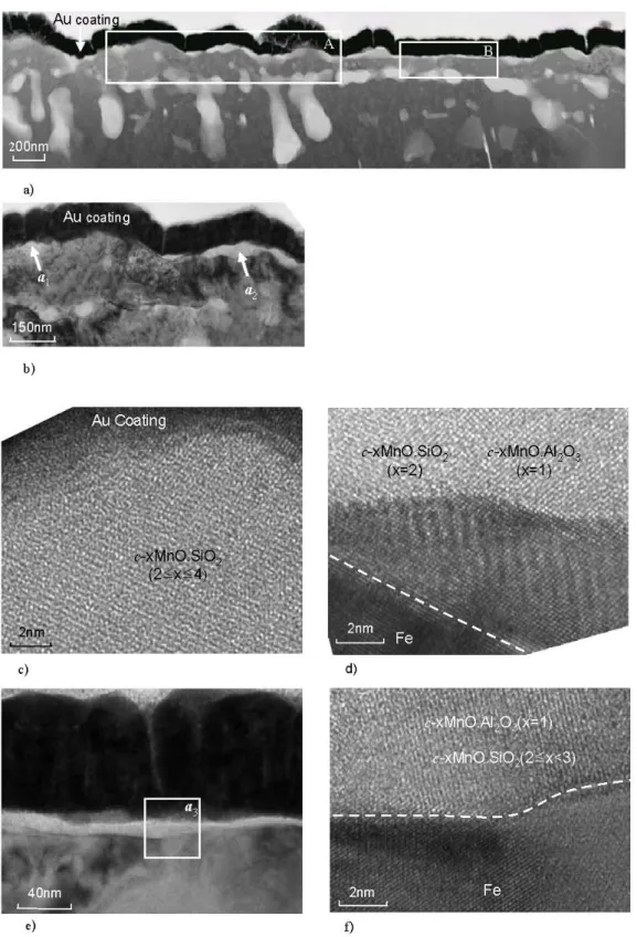Fig. 2. Cross-sectional TEM micrographs for the CMnAl TRIP steel with surface covered with xMnOSiO 2  (2≤x≤4) and xMnO.Al 2 O 3