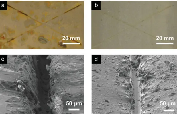 Fig. 3. Corrosion and morphological evaluation of self-healing coatings. a,b) Optical images after 120h immersion in salt water  of a) control sample, and b) self-healing coating
