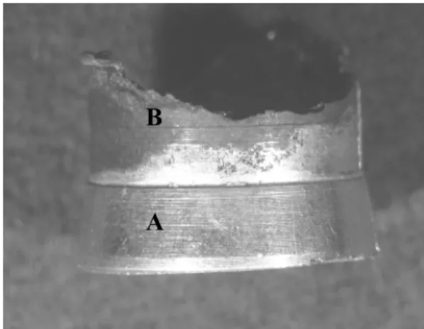 Fig. 8. The morphology of the eroded outlet nipple: metallic  white (A) and black-brown (B).