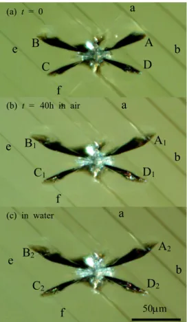 Fig. 4. Delayed propagation of unloaded indentation cracks in  a moist atmosphere and deionized water
