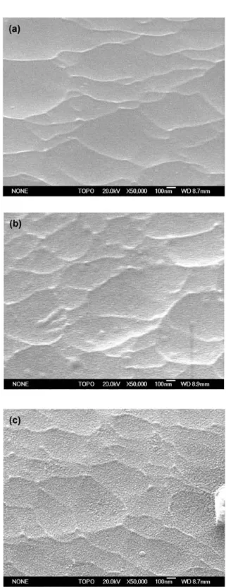 Fig. 14. SEM images for aluminum substrates, obtained from  epoxy-coated aluminum samples (a) not-exposed and exposed  to 40℃ water for (b) 200, (c) 800 hours.
