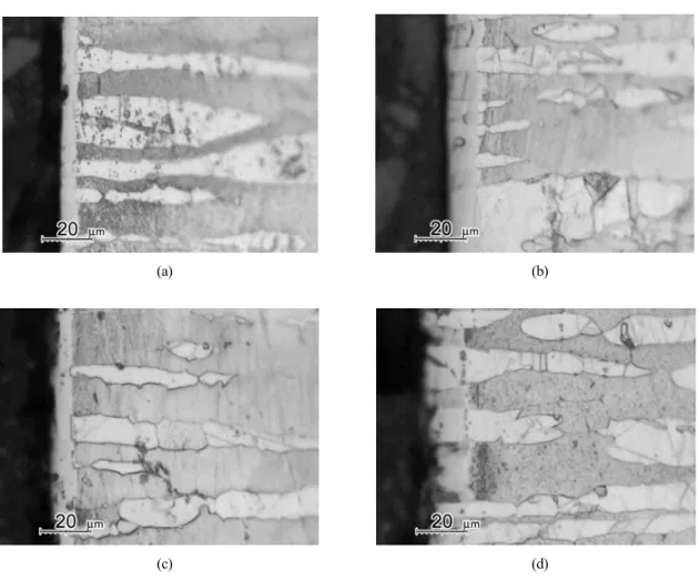 Fig. 2. Micrographs of nitrided layer of UNS S31803 specimens by plasma nitriding at various processing conditions, (a) 420°C, 10h, (b) 420°C, 25h, (c) 450°C, 10h and (d) 450°C, 25h