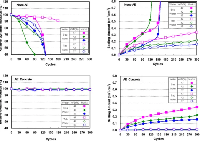 Fig. 2. Relative dynamic modulus and surface scaling amount of None AE Concrete and AE Concrete with freezing-thawing
