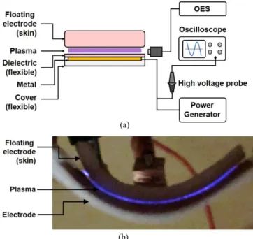 Fig. 1. (a) Schematic of the atmospheric pressure FE-DBD system having a flexible electrode