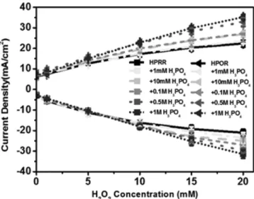 Fig. 6. The plot of current densities of HPRR (0.1 V) and HPOR (1.0 V) with various concentration of H 2 O 2  concentration and phosphoric acid