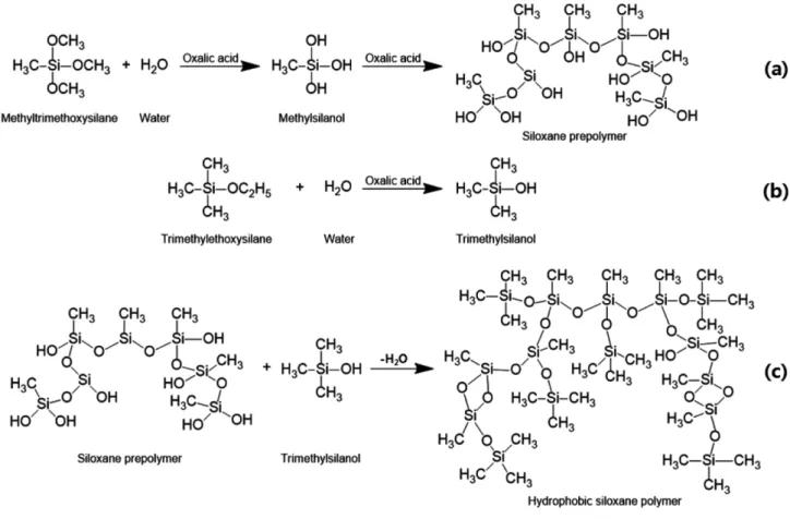 Fig. 2. Synthesis reaction equations of hydrophobic siloxane polymer.