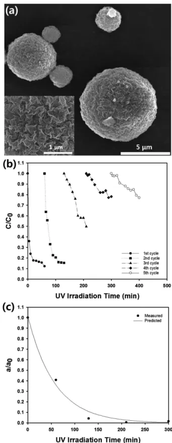 Fig. 7. (a) Scanning electron microscope image of porous silica-CNT microspheres containing titania nanoparticles